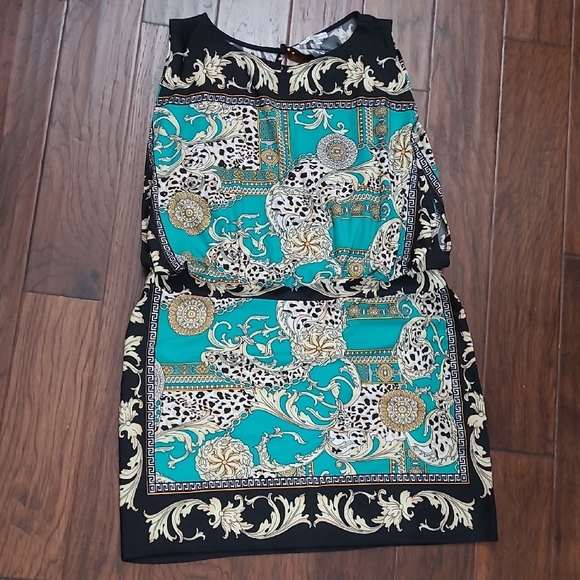 Sandra Darren Black with Teal & Gold Designed Sleeveless Dress size 18 - Picture 1 of 7